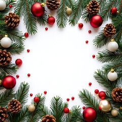 "Festive Christmas Border with Pine Branches, Baubles, and Pinecones for Holiday Decor"