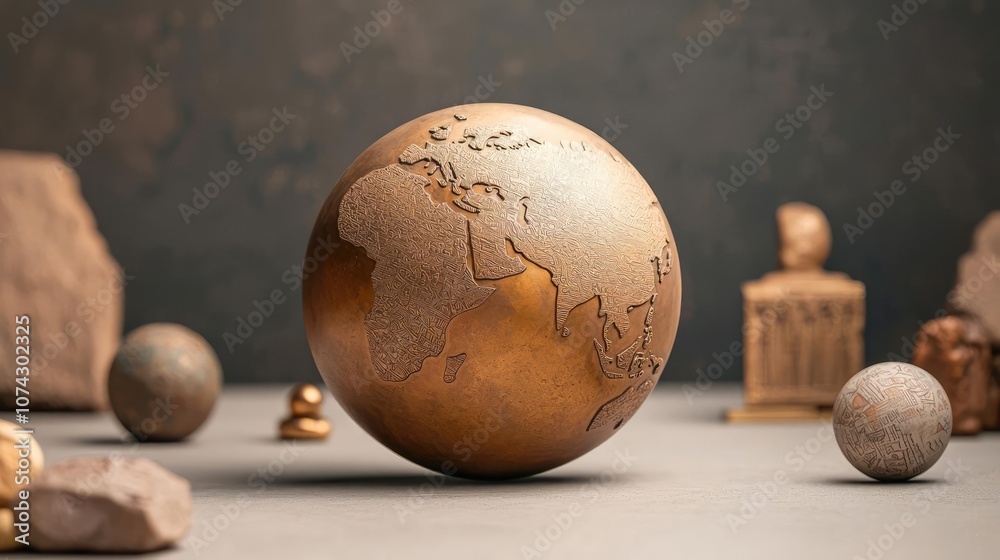 Poster artistic globe with ancient design on a textured background, showcasing world continents.