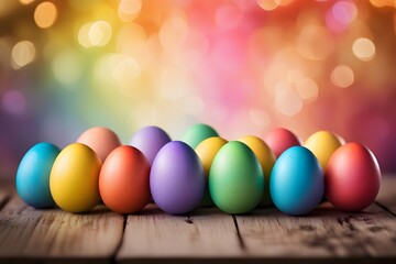 A group of easter eggs painted with rainbow colors scattered on a wooden table, AI Generated