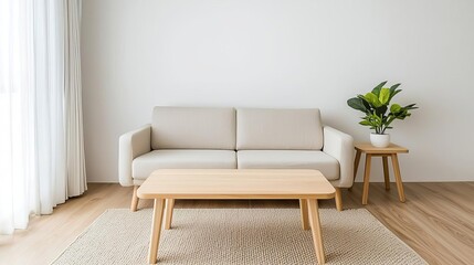 A modern living room featuring a cozy beige sofa, wooden coffee table, and a potted plant. Bright and airy atmosphere with natural light.