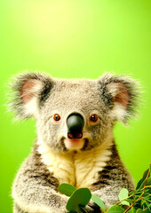 Fototapeta premium Charming Close-Up of a Koala Bear on a Bright Green Backdrop Surrounded by Eucalyptus Leaves, Showcasing Adorable Features and Natural Habitat