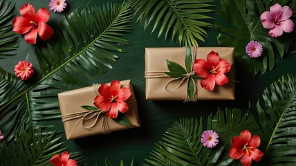 Two beautifully wrapped gifts adorned with vibrant tropical flowers and green foliage create a cheerful atmosphere for any festive occasion