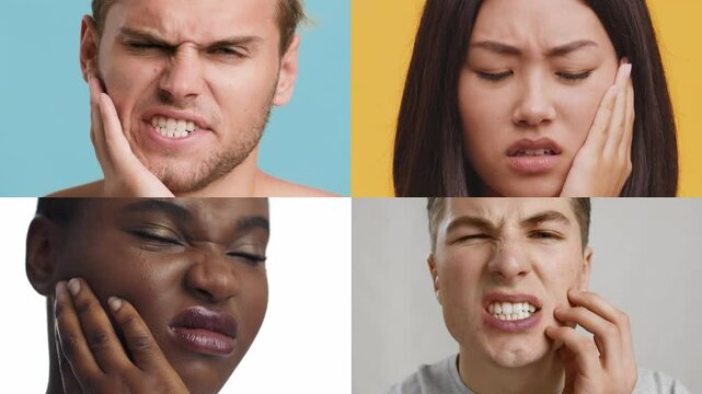 Four individuals display pained expressions, holding their jaws and grimacing, reflecting discomfort possibly related to dental issues or toothaches in different environments.