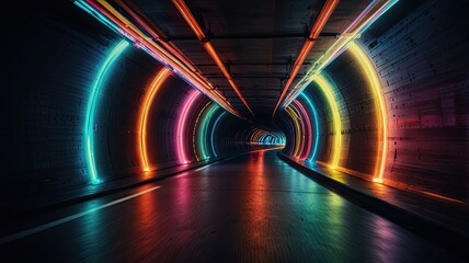 A vibrant display of neon lights colors the interior of a dark tunnel reflecting on the smooth pavement while guiding the way forward