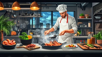 Chef preparing a seafood dinner in a luxury kitchen