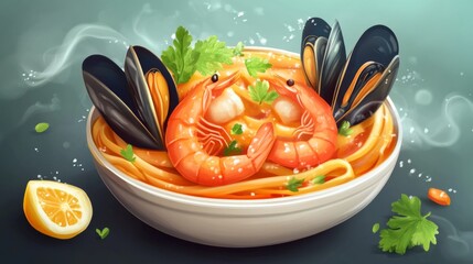 Seafood pasta dinner with shrimp, mussels, and parsley