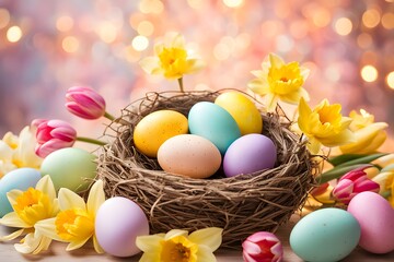 A scene with vibrant tulips and daffodils surrounding a nest of pastel easter eggs, Ai Generated