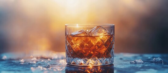 A glass of whiskey on the rocks, with ice cubes and a blurred sunset background.