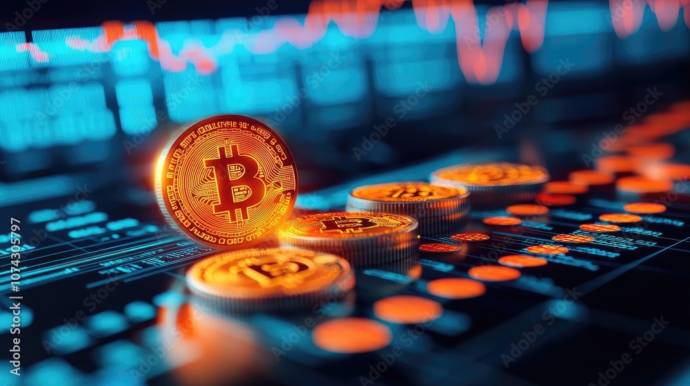 Aufkleber bitcoin coins on digital chart with glowing data background.