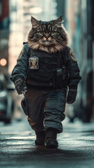 Obraz premium Fluffy fat cat walking in a police officer uniform looking serious and determined on patrol