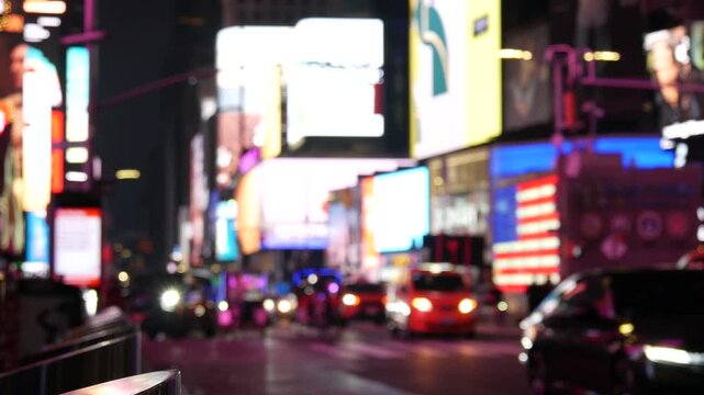 New York City Times Square, Manhattan Midtown Broadway street, USA flag. American NYC yellow taxi cab, urban road traffic. People. Commercial billboard screens. Military island, army recruiting. Night