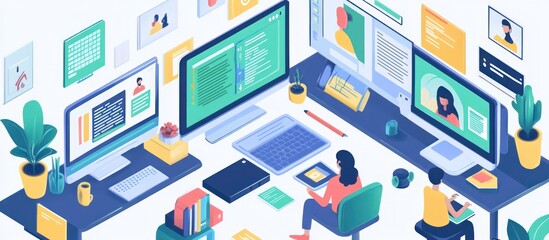 Two people work at their desks with open laptops and computers in a modern office.