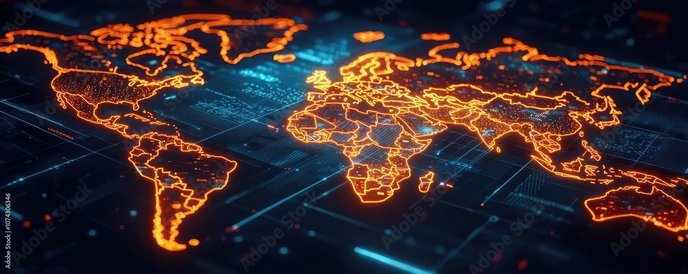 Poster futuristic world map with glowing orange outlines on a dark background