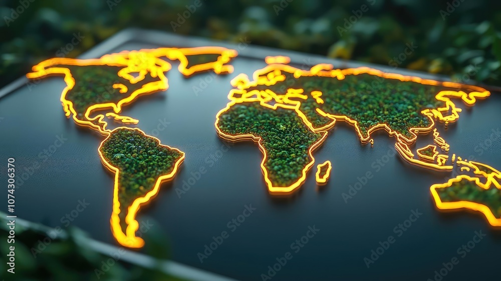 Poster Illuminated map of the world made from green elements on dark background.