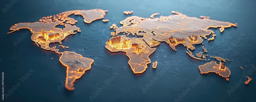 Poster artistic world map of illuminated continents on dark background.