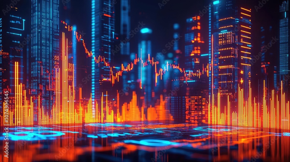 Poster futuristic cityscape with vibrant data visualization and glowing skyscrapers.