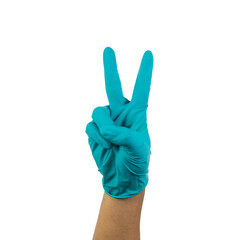 Hand gesture with medical gloves isolated on white background