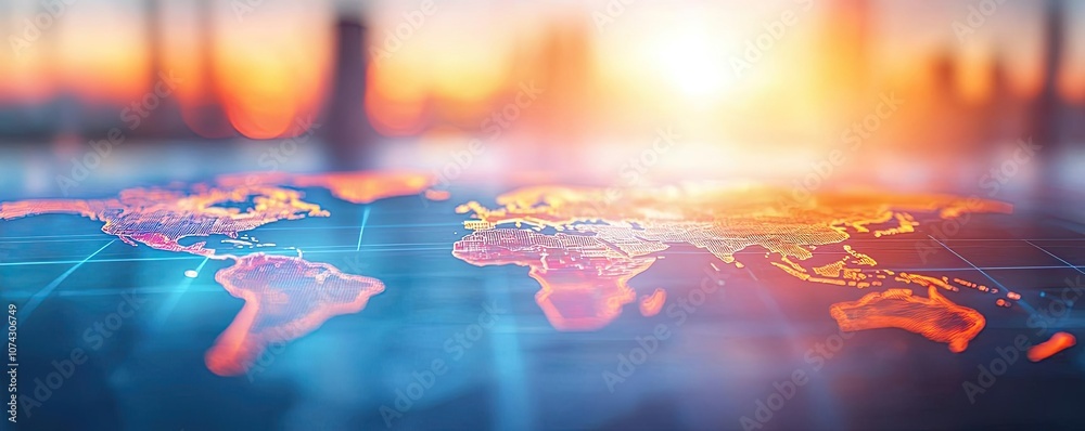 Poster digital world map with a glowing sunset background, illustrating global connectivity.