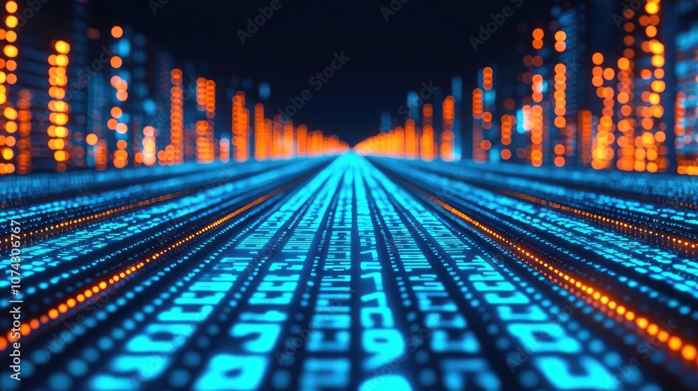 Poster abstract digital data stream with blue and orange lights flowing in perspective.