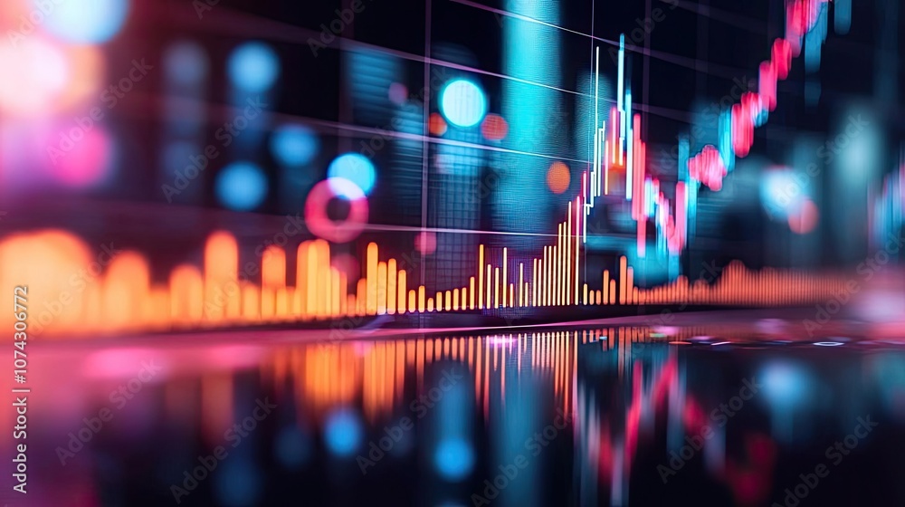 Poster Stock market data visualization with colorful graphs and indicators on a digital display.