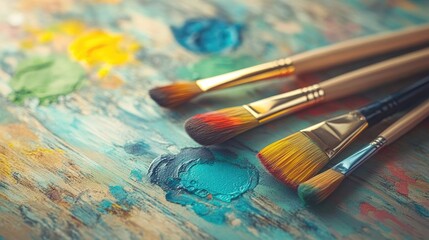 Fototapeta premium Watercolor paint palette and brushes on a wooden surface close up