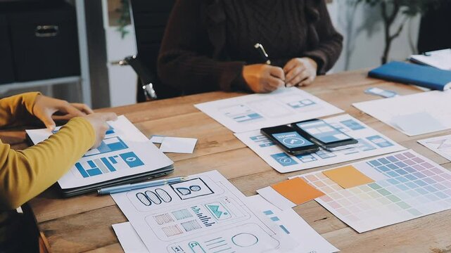 Web design process. The web designer creating a mockup of the mobile application according to the customer's brief. Samples and sketches laying at the table