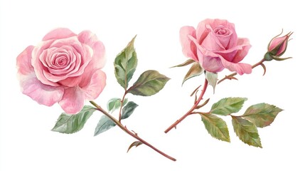 Fototapeta premium Hand drawn watercolor illustration of a blooming pink rose flower set on a white background Ideal elements for romantic floral arrangements wedding bouquets or Valentine s greeting cards