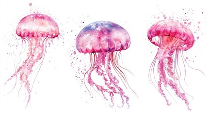 Pink jellyfish illustrated in watercolor on a white background hand drawn artwork