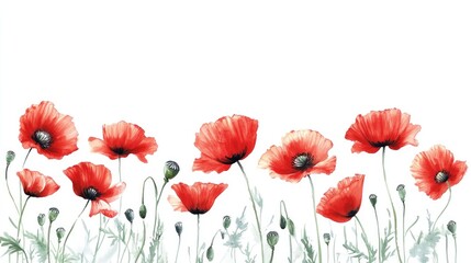 Fototapeta premium Watercolor painting of red poppies on a white backdrop Artistic illustration suitable for a greeting card design