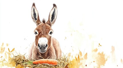 Watercolor illustration of a donkey with hay and a carrot