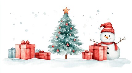 Watercolor holiday card featuring a hand painted illustration of a Christmas tree gift boxes and a snowman on a white background Suitable for design printing fabric or backgrounds