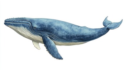Fototapeta premium Large Blue Whale in Water Watercolor Illustration of Underwater Life Blank Background