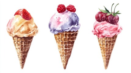Soft ice cream in a crispy waffle cone featuring strawberry raspberry and cherry flavors Hand painted sweet watercolor illustration isolated on a background suitable for designs menus shop display