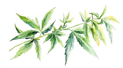 Fototapeta premium Watercolor illustration of a green branch of a medicinal Cannabis plant featuring its leaves