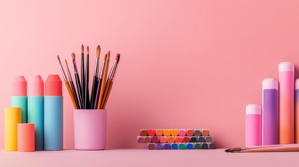 A vibrant artist's workspace featuring colorful painting supplies on a pink background, inviting creativity and artistic expression.