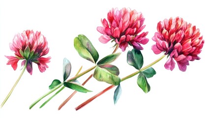 Watercolor illustration of red and pink clover flowers on a white background hand drawn and isolated
