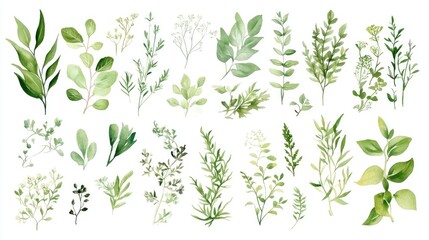 Collection of green leaves herbs and branches Floral design components Watercolor botanical clipart