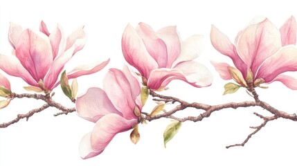 Fototapeta premium Pink magnolia flower branches watercolor illustration on a white background spring flora hand drawn design