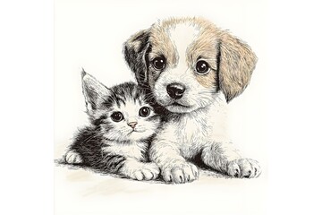 Fototapeta premium puppy and kitten hand drawing illustration friendship cuddling background digital art artwork wallpaper
