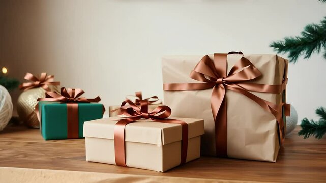 festive ecofriendly Christmas scene featuring zerowaste packaging gifts wrapped kraft paper placed wooden table design promotes sustainable holiday practices perfect New Year&rsquo;s campaigns focused