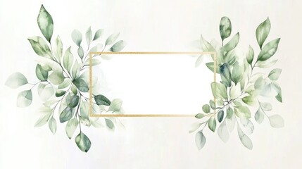 Watercolor wedding invitation design featuring greenery and a gold frame EPS 10 Illustration