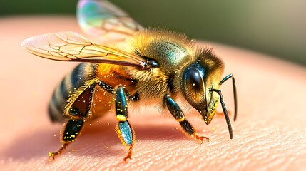 Macro Photography of Honey Bee on Skin  Close up of Insect with Pollen