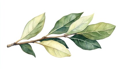 Watercolor illustration of an isolated fresh bay leaves branch on a white background