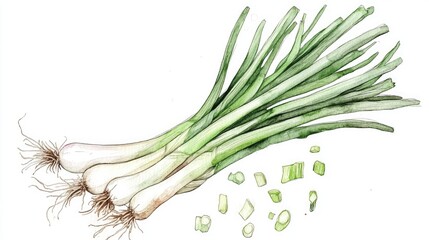 Watercolor illustration of green onion Hand drawn sketch on white background