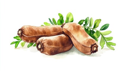 Obraz premium Watercolor illustration of tamarind fruits peeled with leaves and seeds isolated on a white background