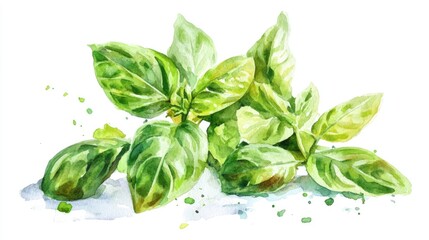 Obraz premium Watercolor illustration of basil on a white backdrop Artistic depiction of culinary herbs