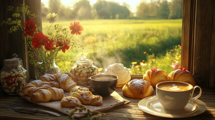 Fresh pastries and coffee, with a meadow view from a window, early morning sunlight, highly detailed