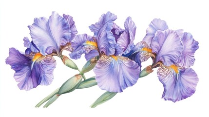 Vibrant irises Hand painted watercolor floral designs Botanical details for illustrations and greeting cards