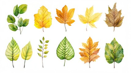 Obraz premium Watercolor illustration showcasing a stunning assortment of summer leaves