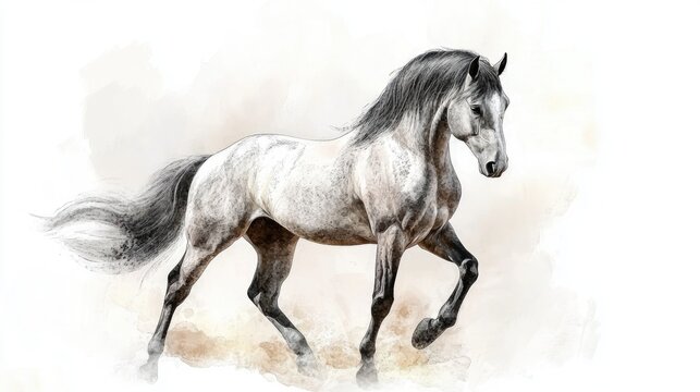 Sepia watercolor illustration of a dapple grey horse in a beautiful hand drawn style on a white background